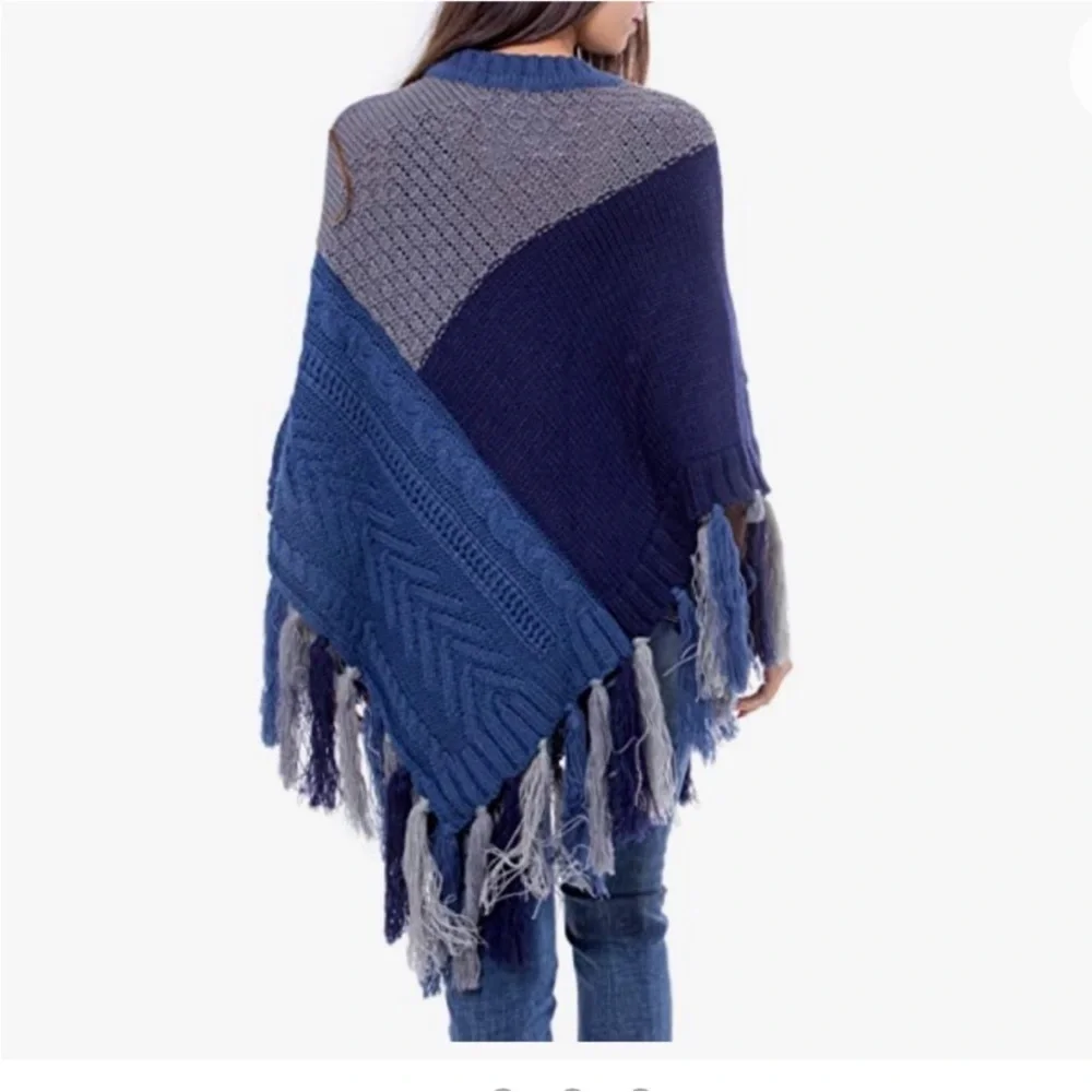 Desigual Poncho Knit Sweater Blue Grey Mandala One Size